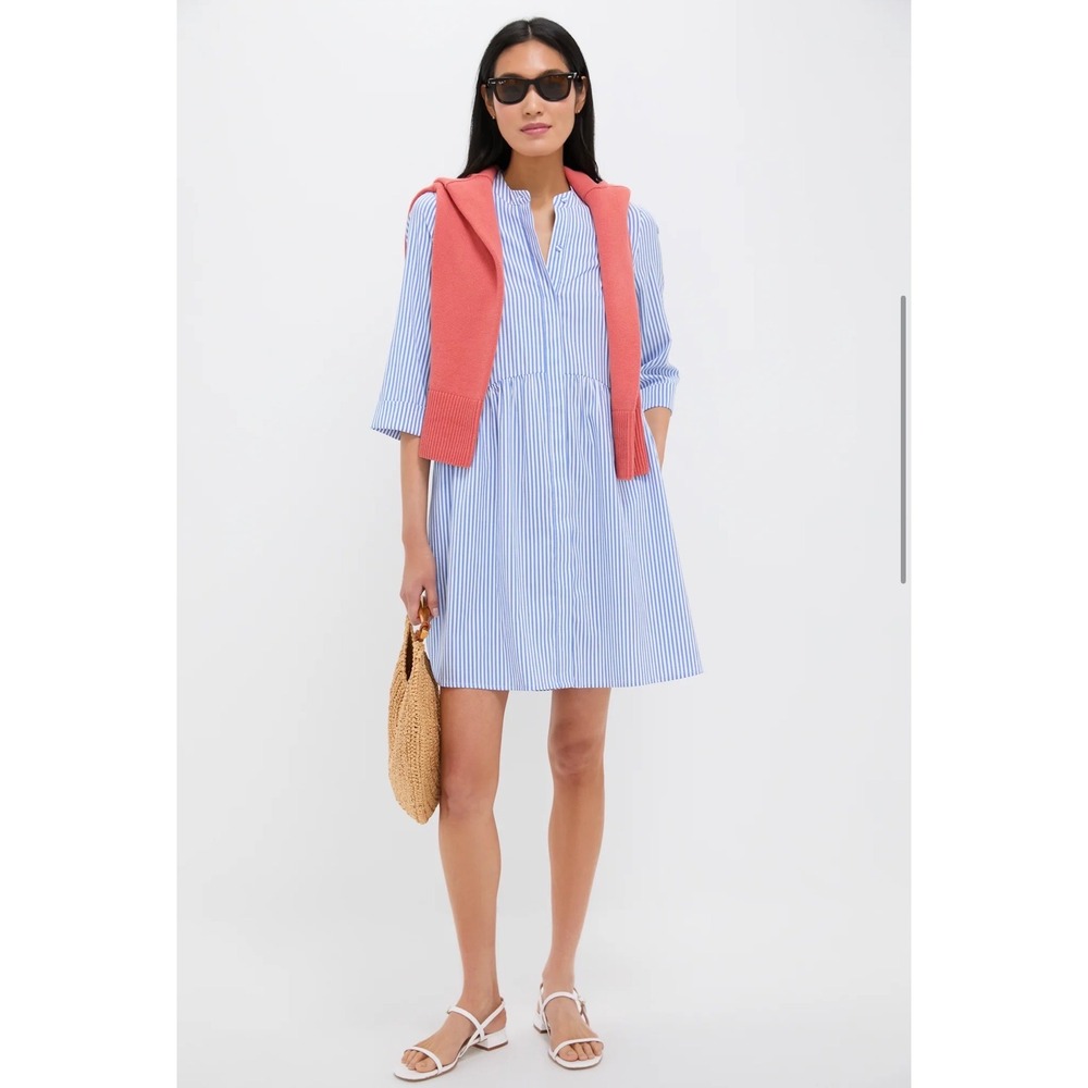 TUCKERNUCK Blue Stripe Royal Shirt Dress Medium Preppy Coastal Nautical Casual